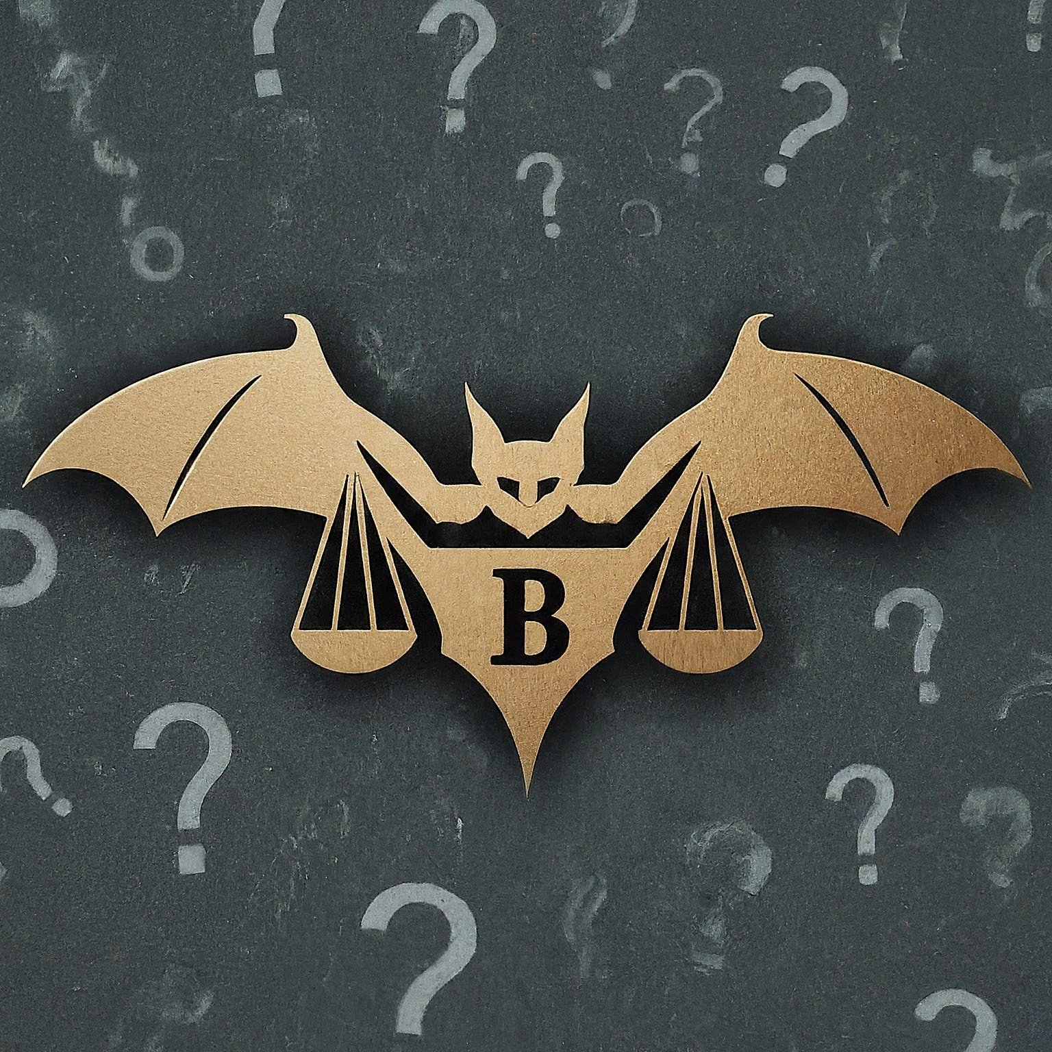 B Logo with Scales of Justice in front of Question Marks